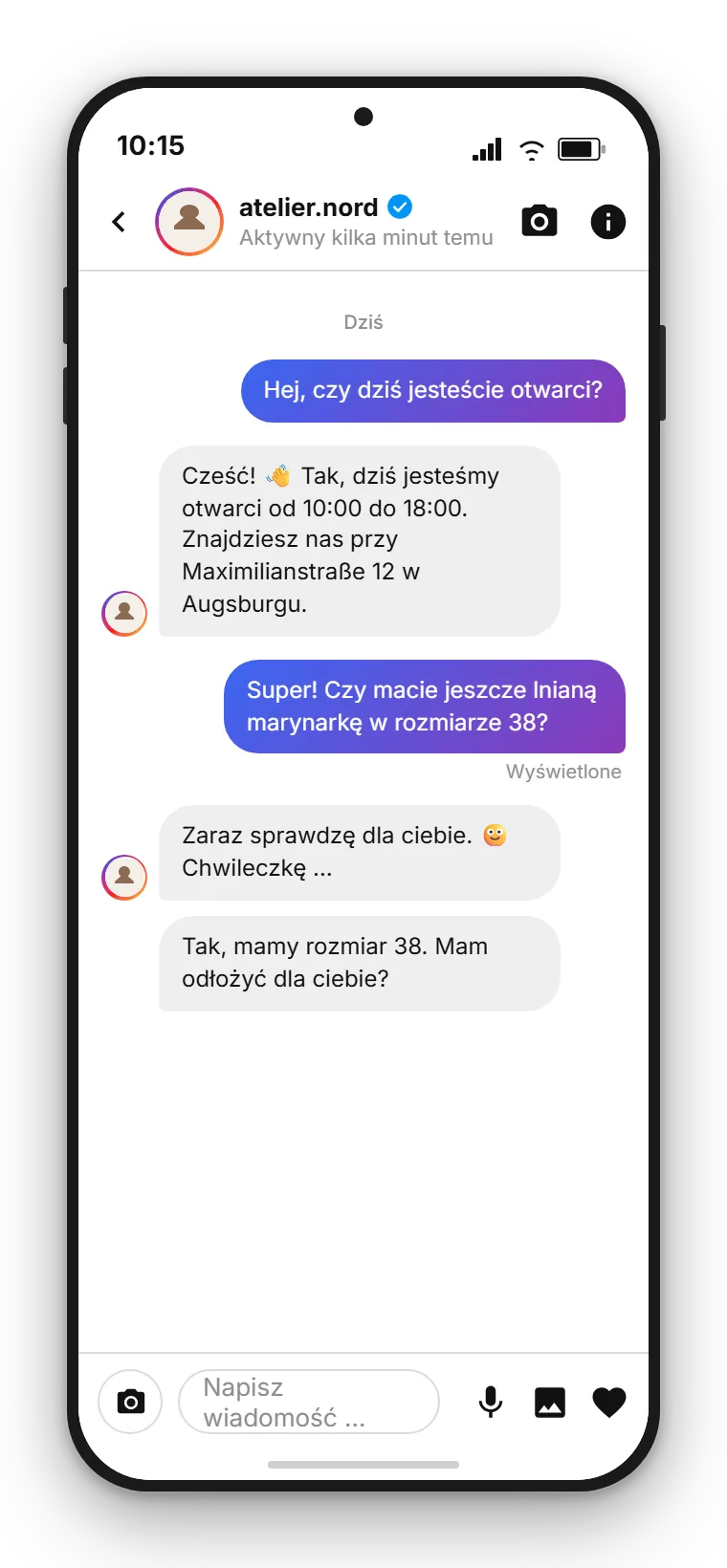 Wiadomość DM z Instagrama w skrzynce SendSeven: asystent AI odpowiada na pytanie o godziny otwarcia, a następnie następuje przekazanie do pracownika dla indywidualnego doradztwa