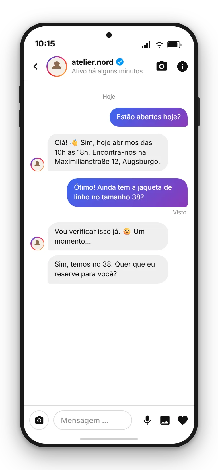 DM do Instagram na caixa de entrada do SendSeven: o assistente de IA responde a uma pergunta sobre o horário de funcionamento, seguida da entrega a um colaborador para aconselhamento individual