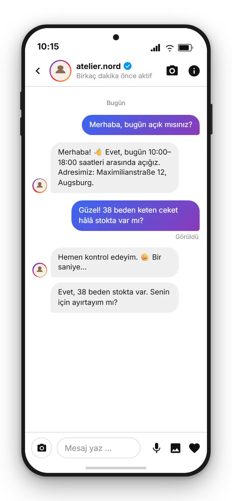 SendSeven gelen kutusunda Instagram DM: yapay zekâ asistanı çalışma saatleri sorusunu yanıtlıyor, ardından kişisel danışmanlık için bir ekip üyesine devretme yapılıyor
