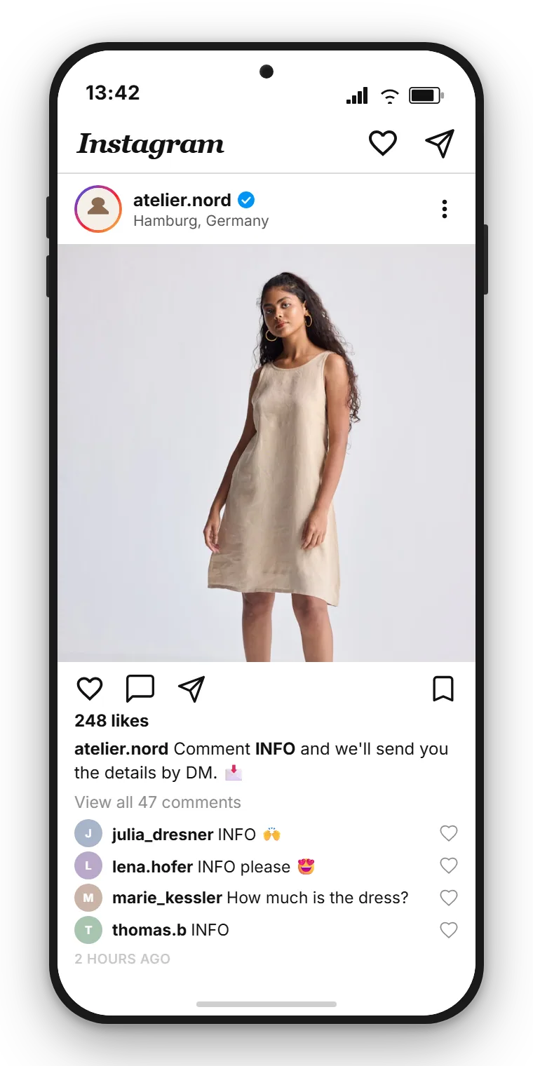 SendSeven example: Instagram post from atelier.nord with a call to comment INFO, and a public INFO comment