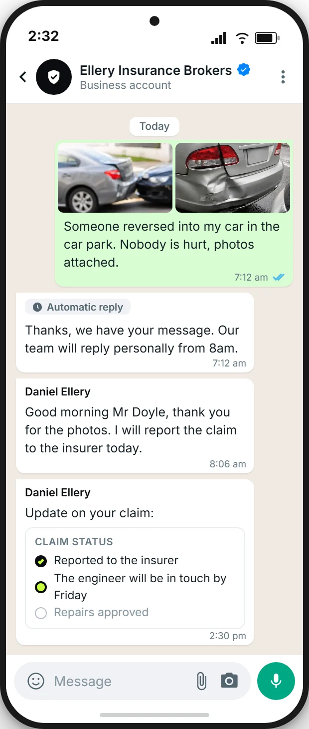 SendSeven team inbox: a client reports car park damage on WhatsApp with photos, an automatic acknowledgement before the office opens, the broker's reply and a status update on the motor claim