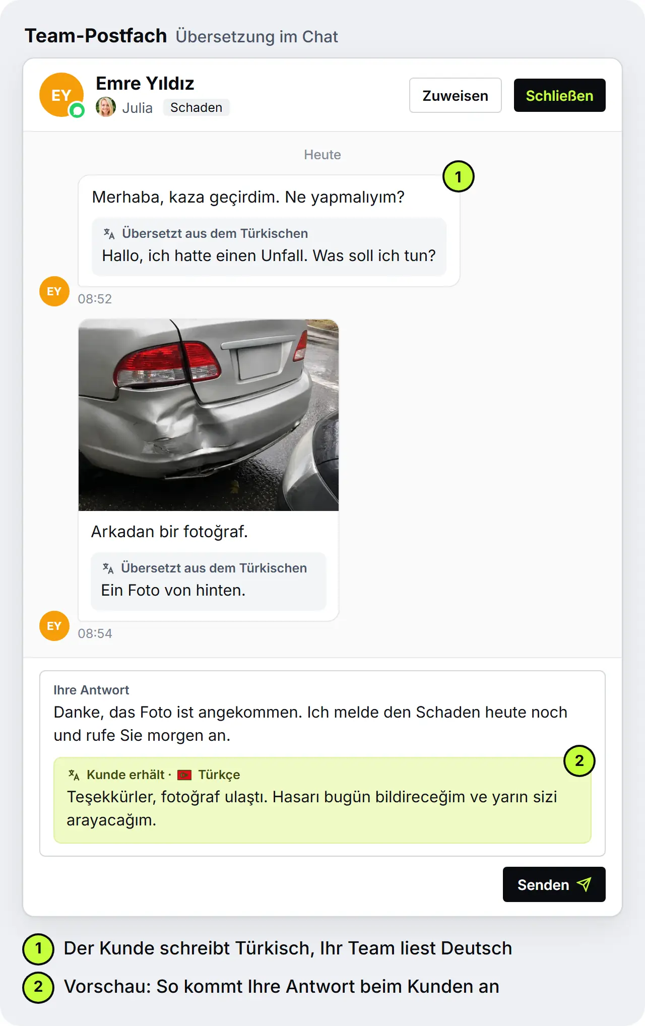 Chat im Team-Postfach: Unter einer Kundennachricht auf Türkisch steht die deutsche Übersetzung, die Antwort des Maklerbüros auf Deutsch geht übersetzt auf Türkisch an den Kunden