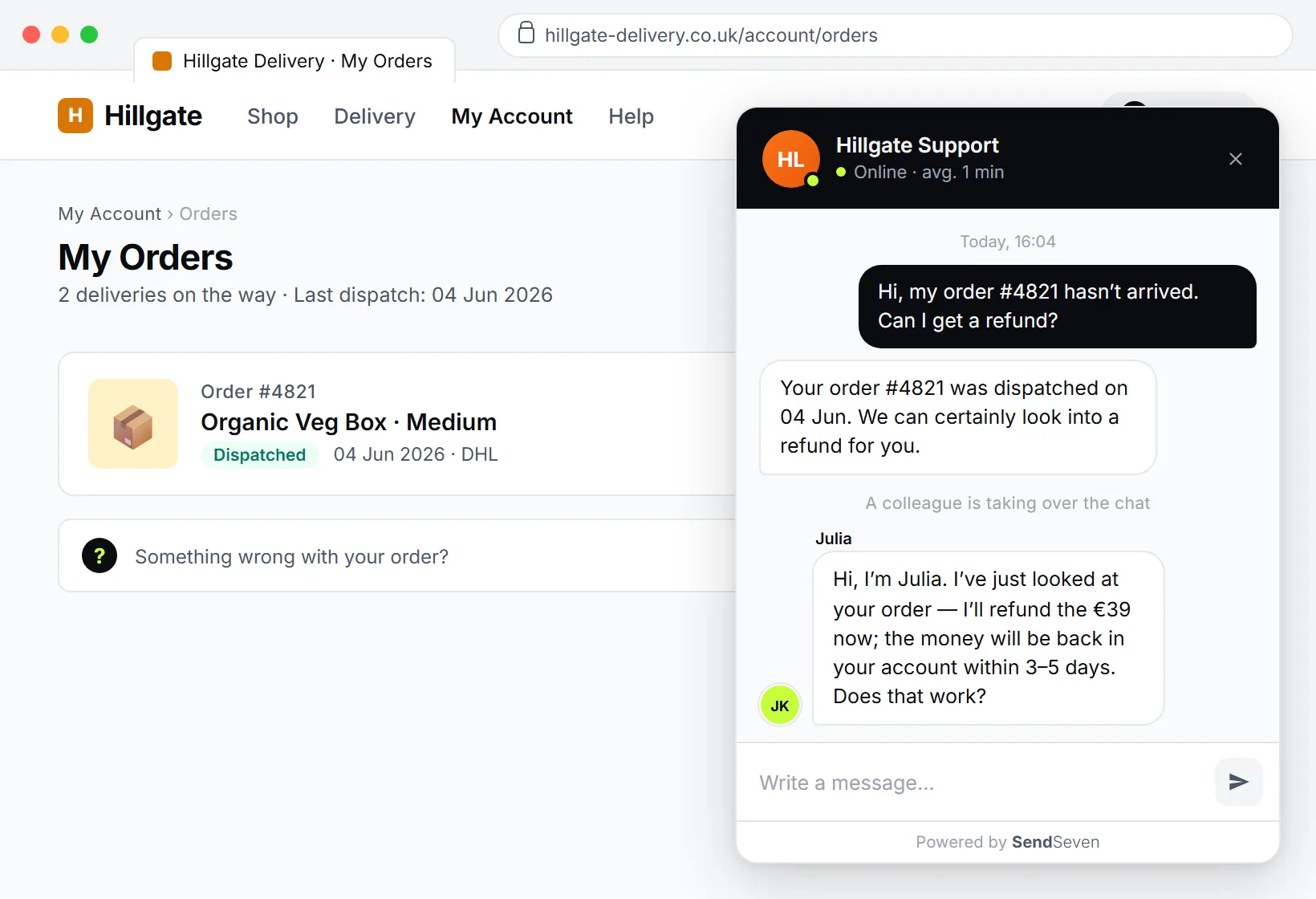 SendSeven live chat widget on a website: visitor asks a question, the AI assistant replies from the knowledge base, followed by a prompt indicating handover to a team member