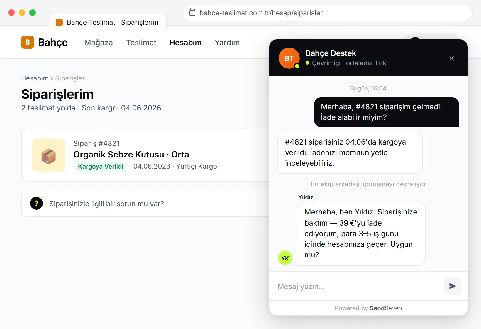 Web sitesinde SendSeven Canlı Sohbet Widget'ı: ziyaretçi soru soruyor, YZ asistanı bilgi tabanından yanıtlıyor, ardından çalışana devir bildirimi
