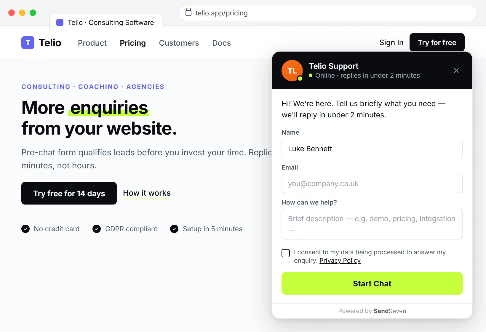 SendSeven live chat with a pre-chat lead form on a B2B website: fields for name, company, and business email address before the chat starts