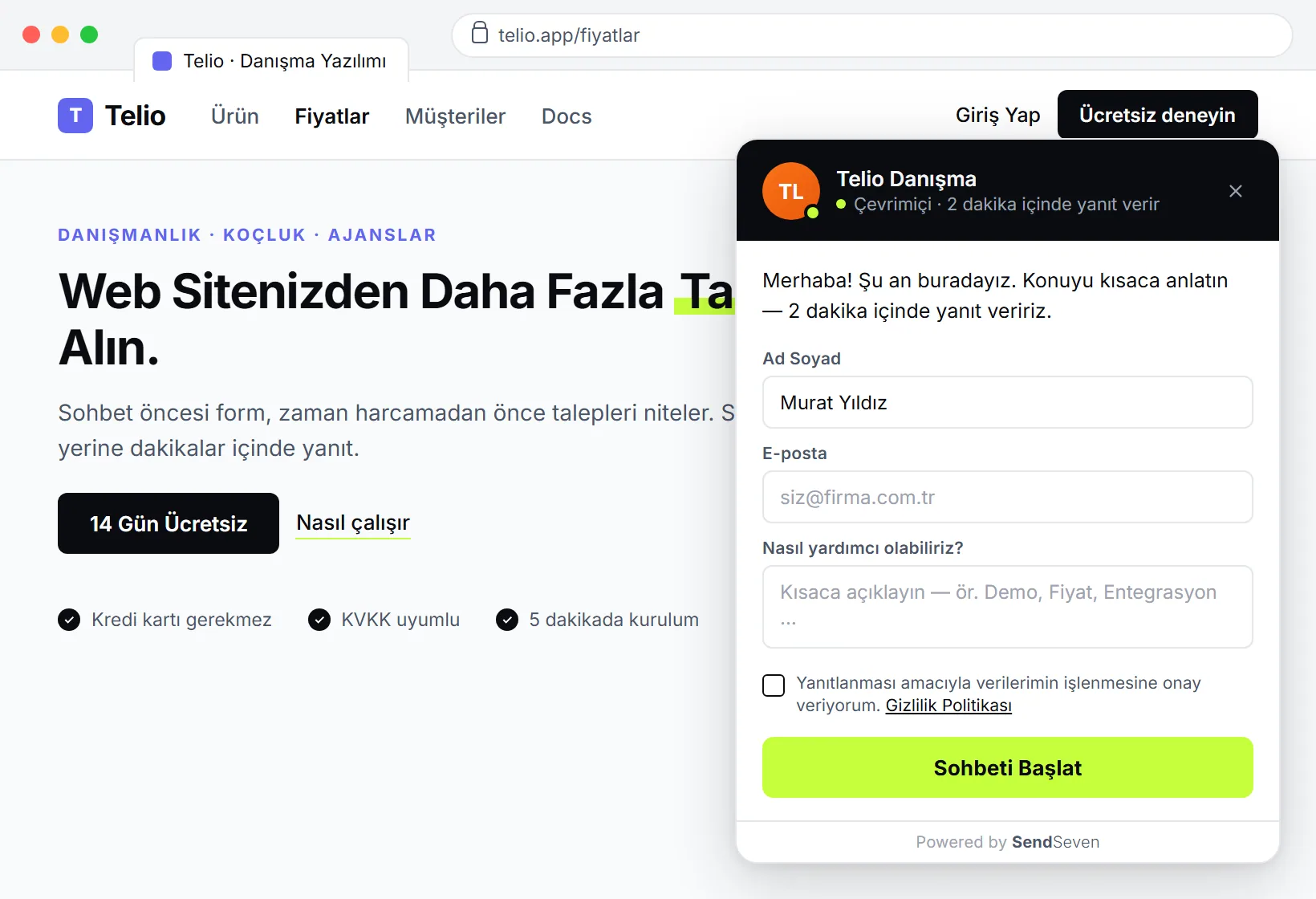 B2B web sitesinde SendSeven Canlı Sohbet ön lead formu: sohbet başlamadan ad, şirket ve kurumsal e-posta alanları
