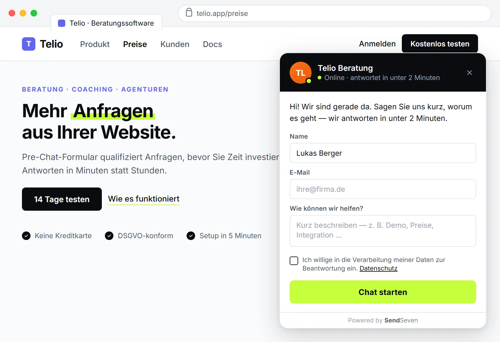 SendSeven Live-Chat mit vorgelagertem Lead-Formular auf einer B2B-Webseite: Felder für Name, Firma und geschäftliche E-Mail-Adresse vor dem Chatstart