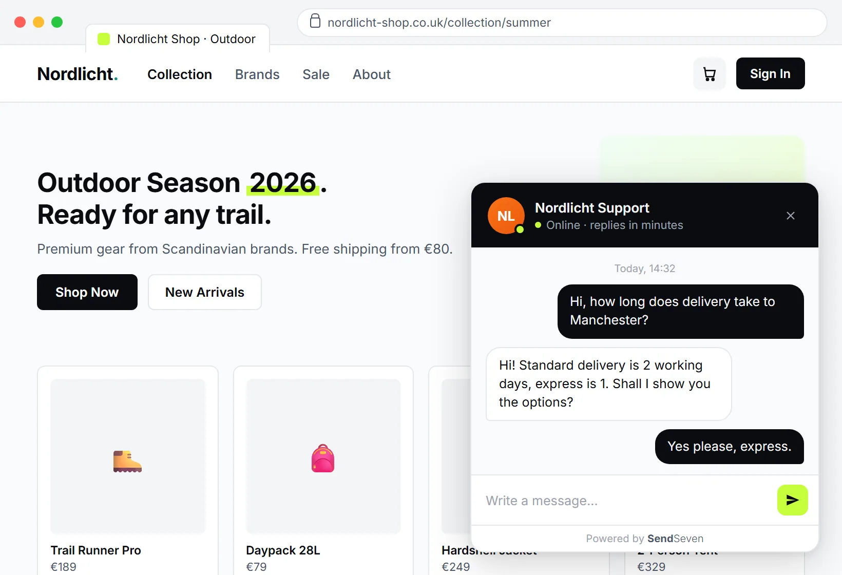 SendSeven live chat widget on a business website: chat bubble in the bottom right and an open chat window with a greeting message
