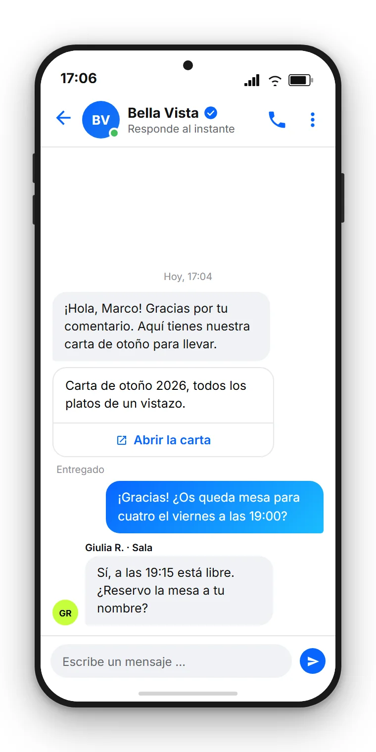 Ejemplo de SendSeven: mensaje directo automático de Messenger con un botón hacia la carta en PDF, después la pregunta del cliente y la respuesta desde la bandeja de entrada