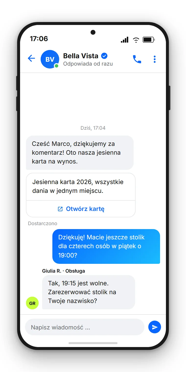 Przykład SendSeven: automatyczna wiadomość prywatna w Messengerze z przyciskiem do menu w PDF, potem pytanie klienta i odpowiedź ze skrzynki odbiorczej