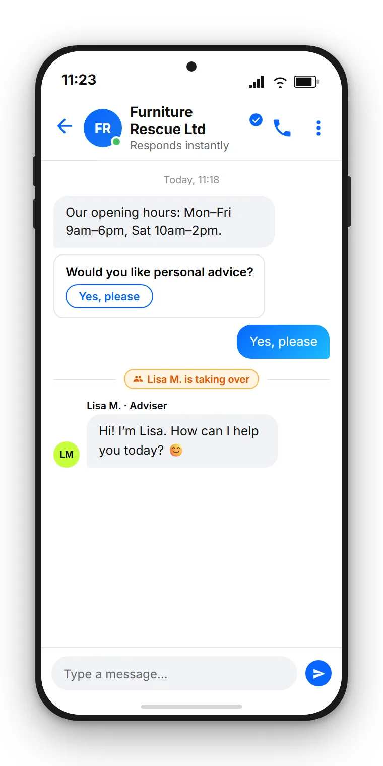 Facebook Messenger in the SendSeven inbox: the AI assistant answers an opening-hours question, then hands off to a team member for individual advice