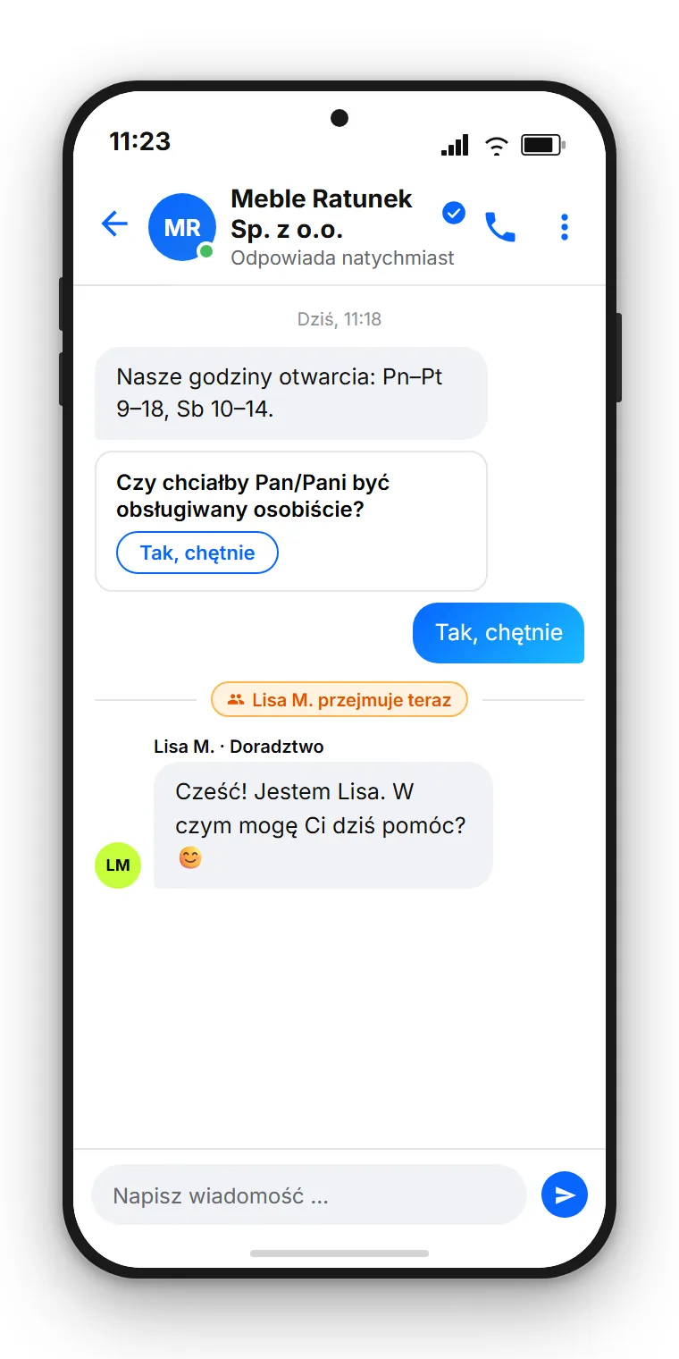 Mockup Messenger: asystent AI odpowiada na pytanie o termin, przekazanie z caloscia rozmowy do pracownika fryzjerskiego. Przykładowe przedstawienie, stworzone z SendSeven