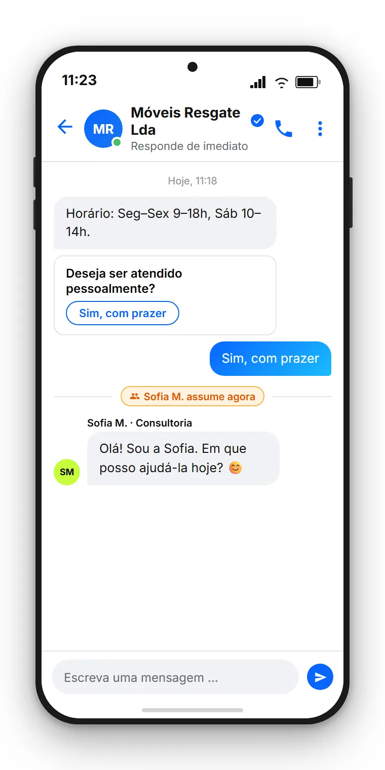 Chat do Messenger a mostrar uma resposta automática do assistente de IA seguida de transferência sem fricção para um colaborador da SendSeven — com histórico completo visível