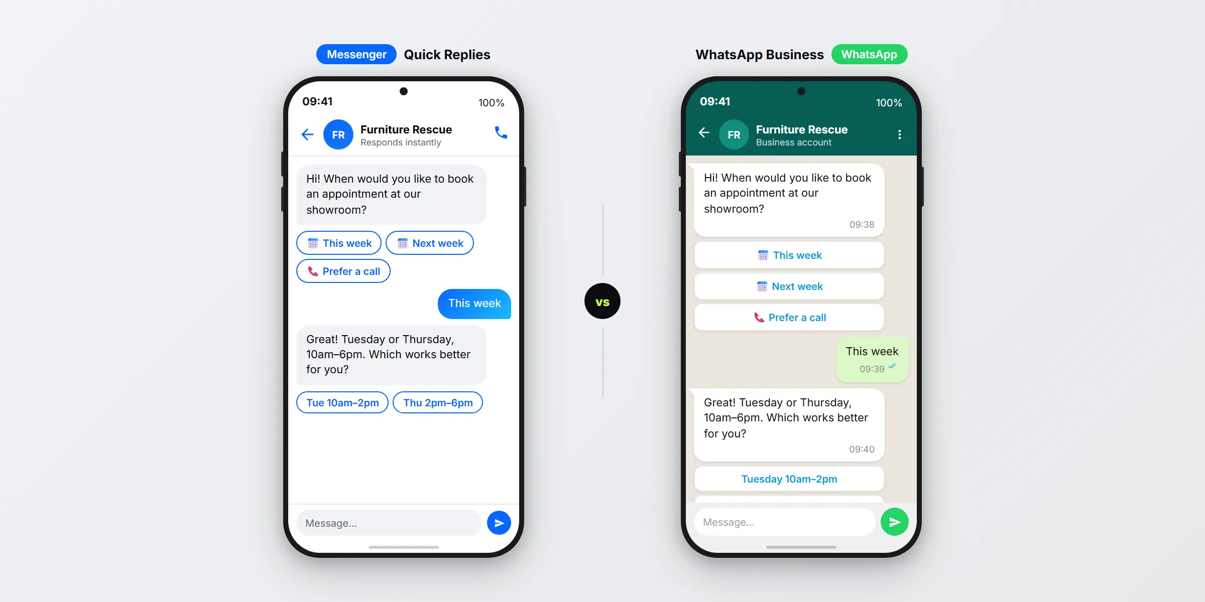 SendSeven side-by-side mockup: left Facebook Messenger with quick replies, right WhatsApp Business with interactive buttons, both showing the same appointment-booking use case