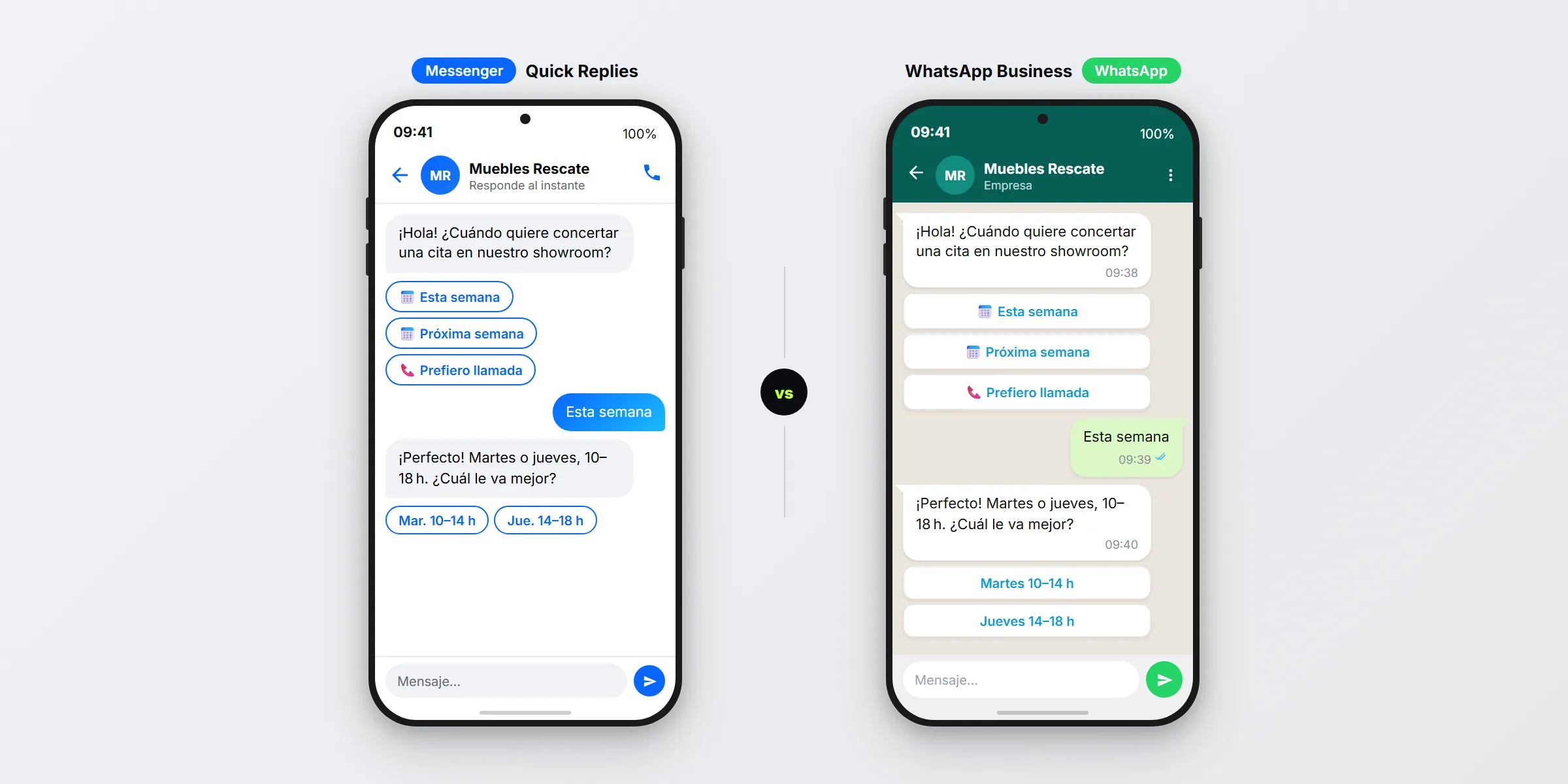 SendSeven comparacion en paralelo: a la izquierda Facebook Messenger con respuestas rapidas, a la derecha WhatsApp Business con botones interactivos, ambos muestran el mismo caso de uso de reserva de cita