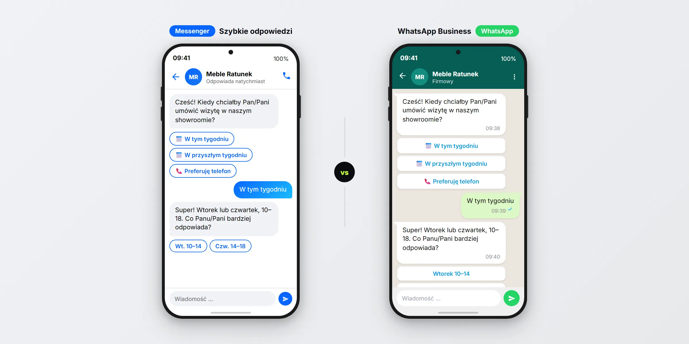 Porównanie interfejsu czatu Messenger i WhatsApp Business obok siebie, pokazujace różnice w wyglaldzie i funkcjach - Przykładowe przedstawienie, stworzone z SendSeven