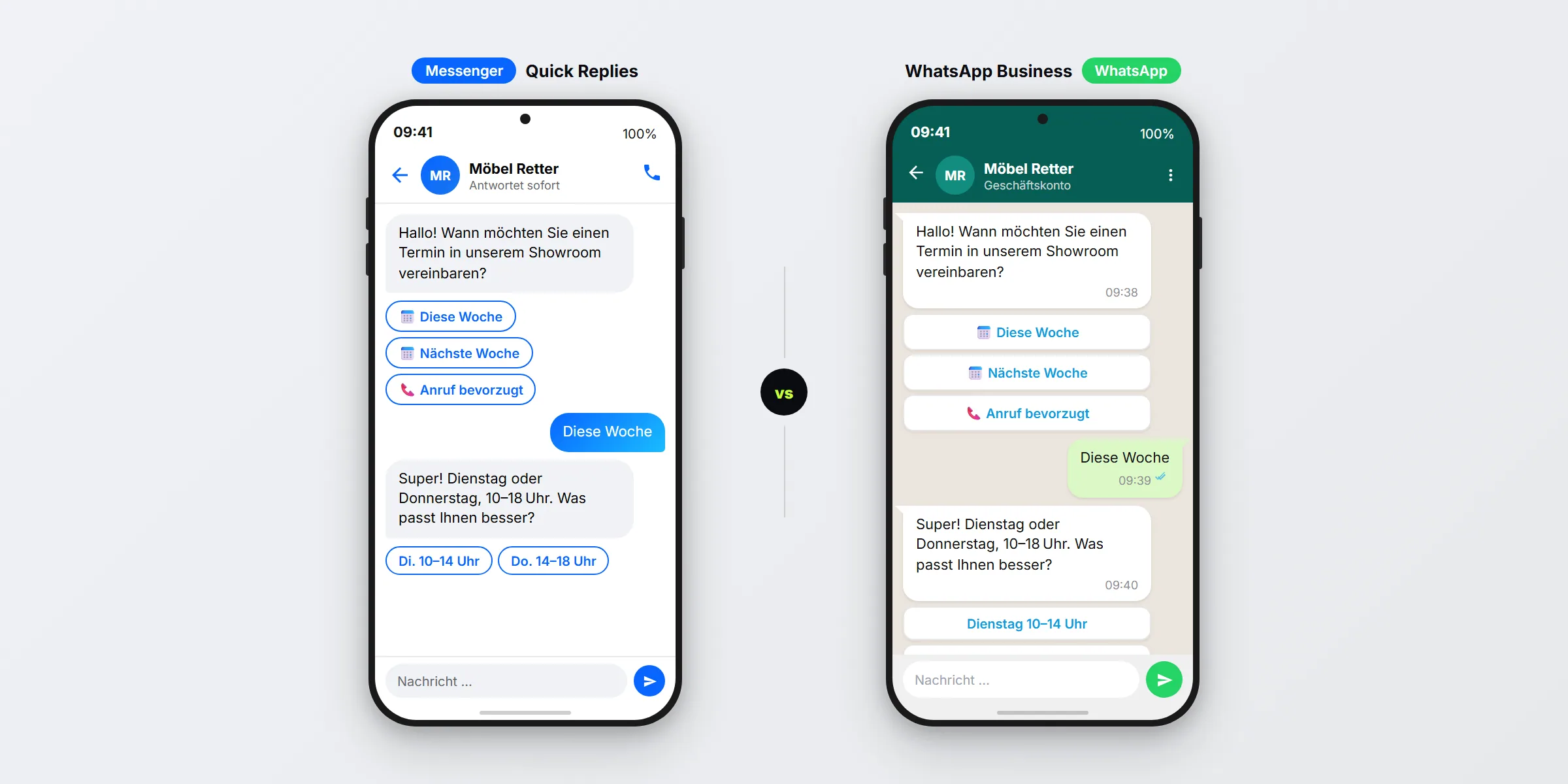 SendSeven Side-by-Side-Mockup: links Facebook Messenger mit Quick-Replies, rechts WhatsApp Business mit Interactive Buttons, beide zeigen den gleichen Use Case Termin-Buchung
