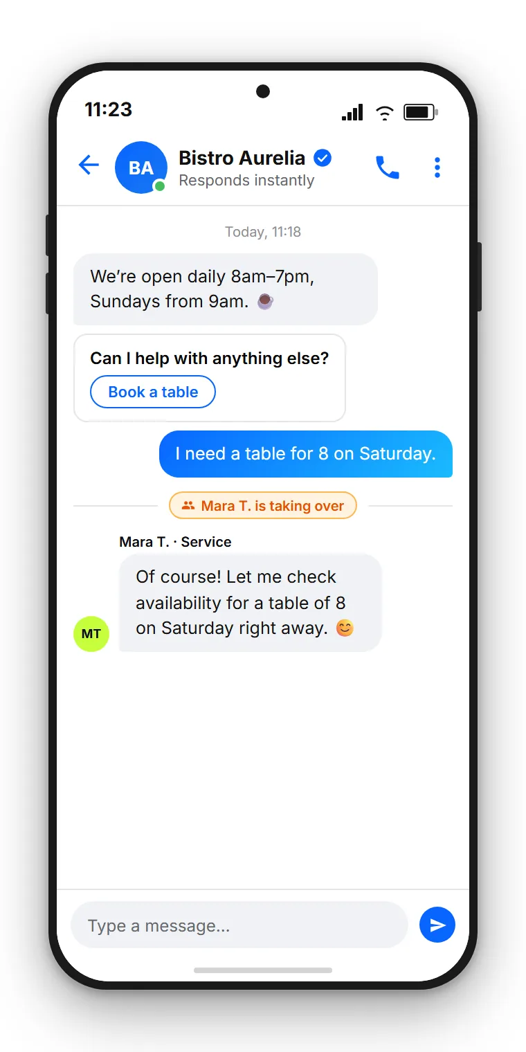 Facebook Messenger chat of a fictional brand answering a customer question about opening hours with a quick reply and button, then handing off to a team member. Illustrative example created with SendSeven