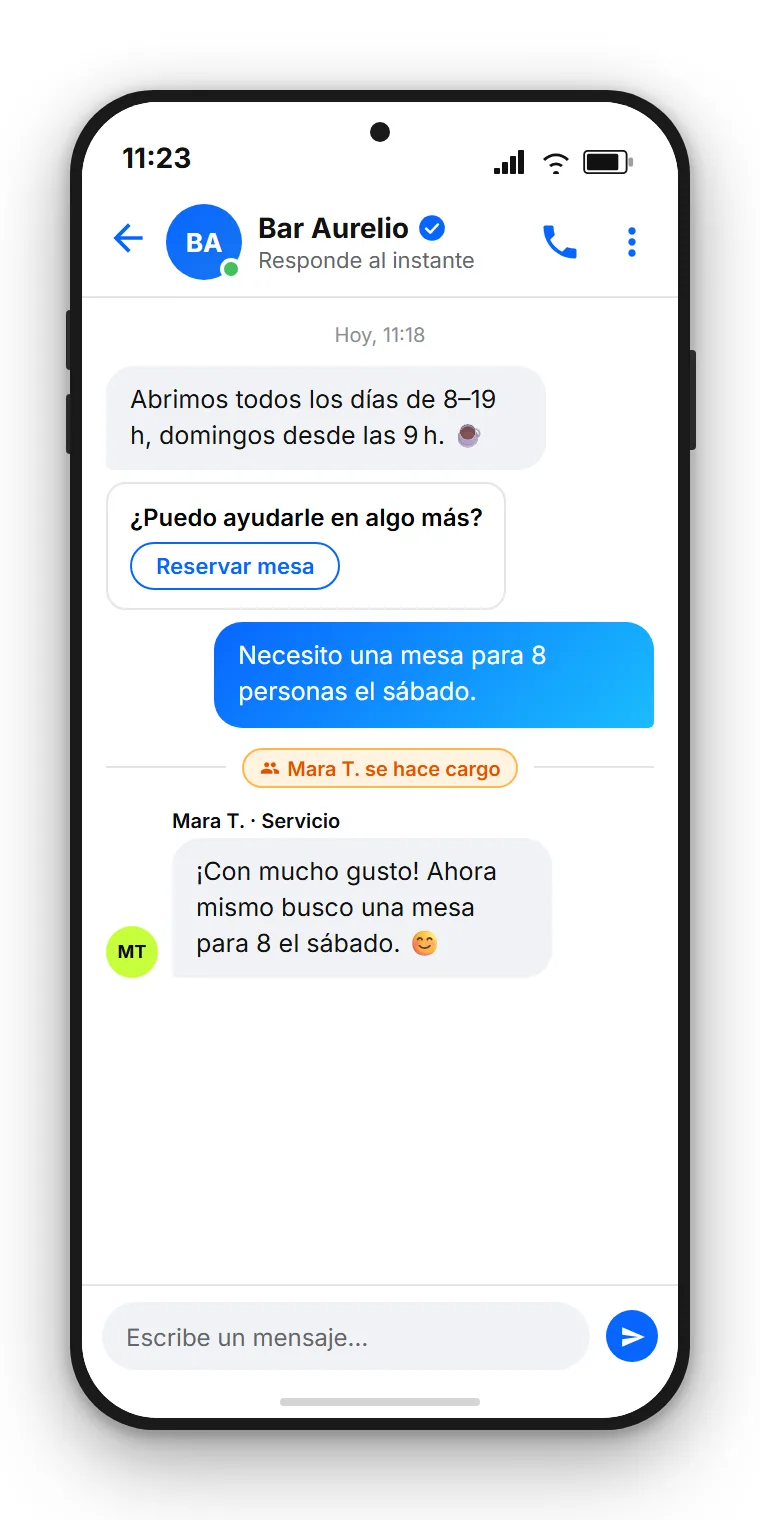 Chat de Facebook Messenger de una marca ficticia que responde a una pregunta del cliente sobre horario con una respuesta rapida y un boton, seguido de transferencia a un empleado. Representacion de ejemplo creada con SendSeven