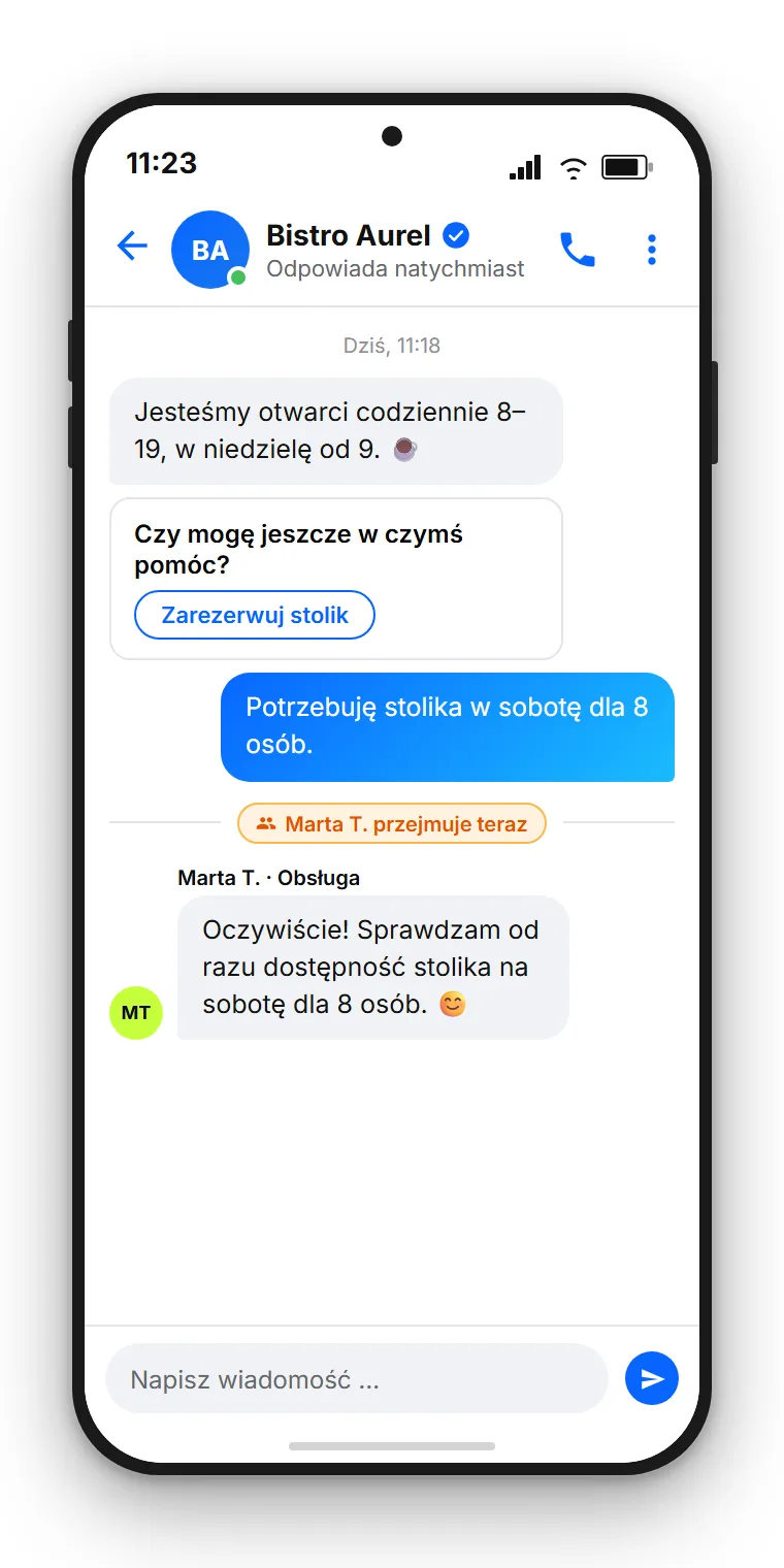 Czat Facebook Messenger fikcyjnej marki odpowiadajacej na pytanie klienta o godziny otwarcia z szybka odpowiedzią i przyciskiem, nastepnie przekazanie do pracownika. Przykładowe przedstawienie, stworzone z SendSeven