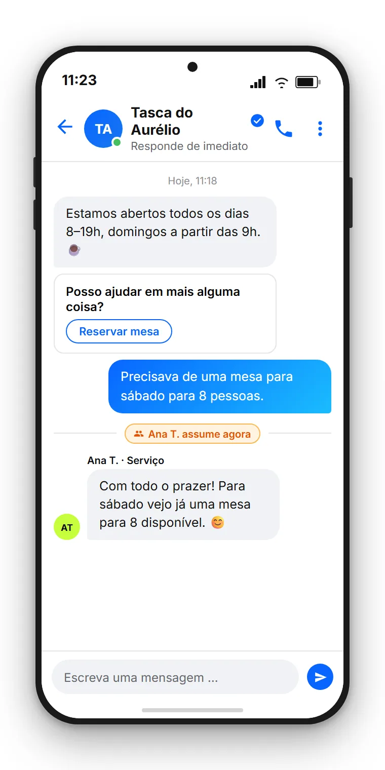 Chat do Facebook Messenger de uma marca fictícia que responde a uma pergunta de cliente sobre horários com uma resposta rápida e um botão, seguida de transferência para um colaborador. Representação ilustrativa criada com a SendSeven