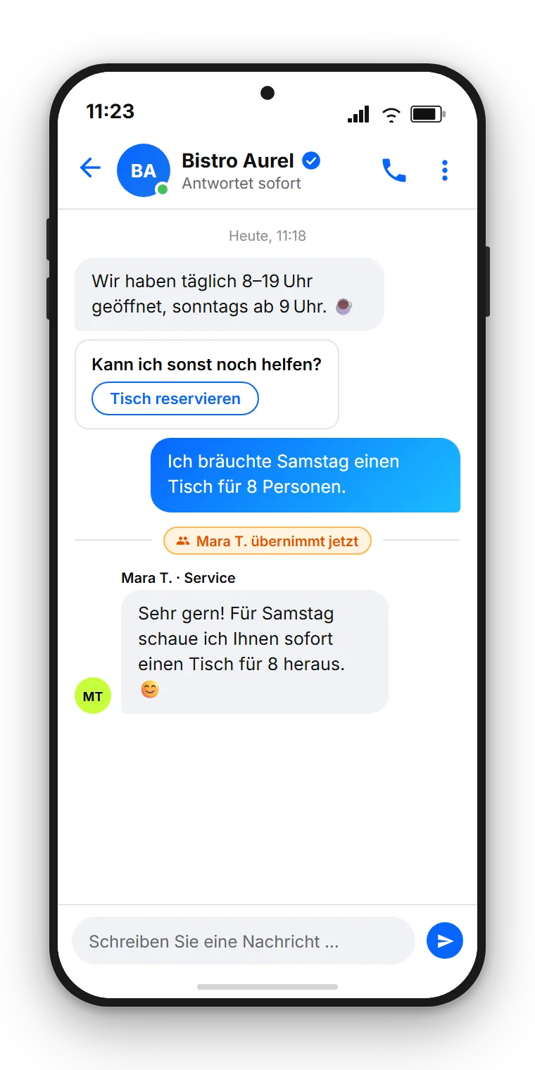 Facebook-Messenger-Chat einer fiktiven Marke, die eine Kundenfrage zu Öffnungszeiten mit einer Schnellantwort und einem Button beantwortet, danach Übergabe an einen Mitarbeiter. Beispielhafte Darstellung, erstellt mit SendSeven