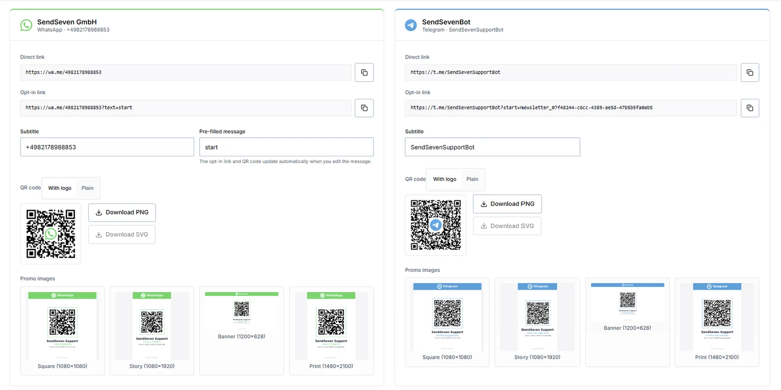 SendSeven promotion area with opt-in link, QR code and four promo image formats for WhatsApp and Telegram