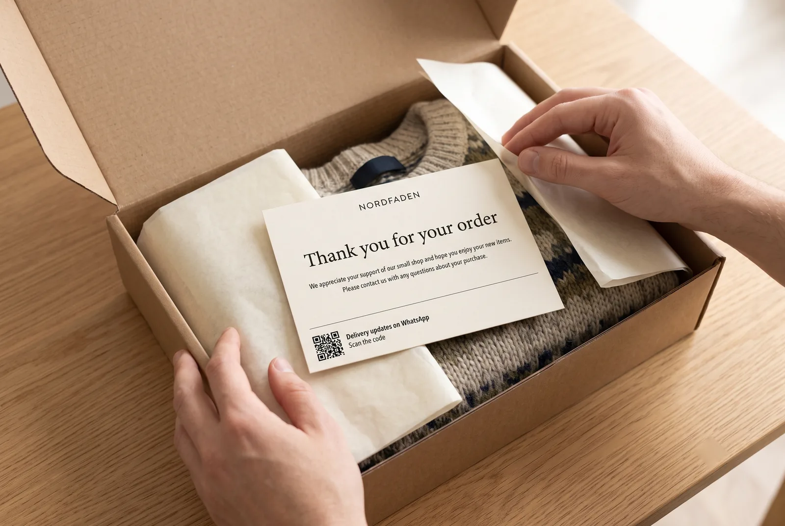 Insert in a shipping parcel with a QR code for an online shop's WhatsApp newsletter