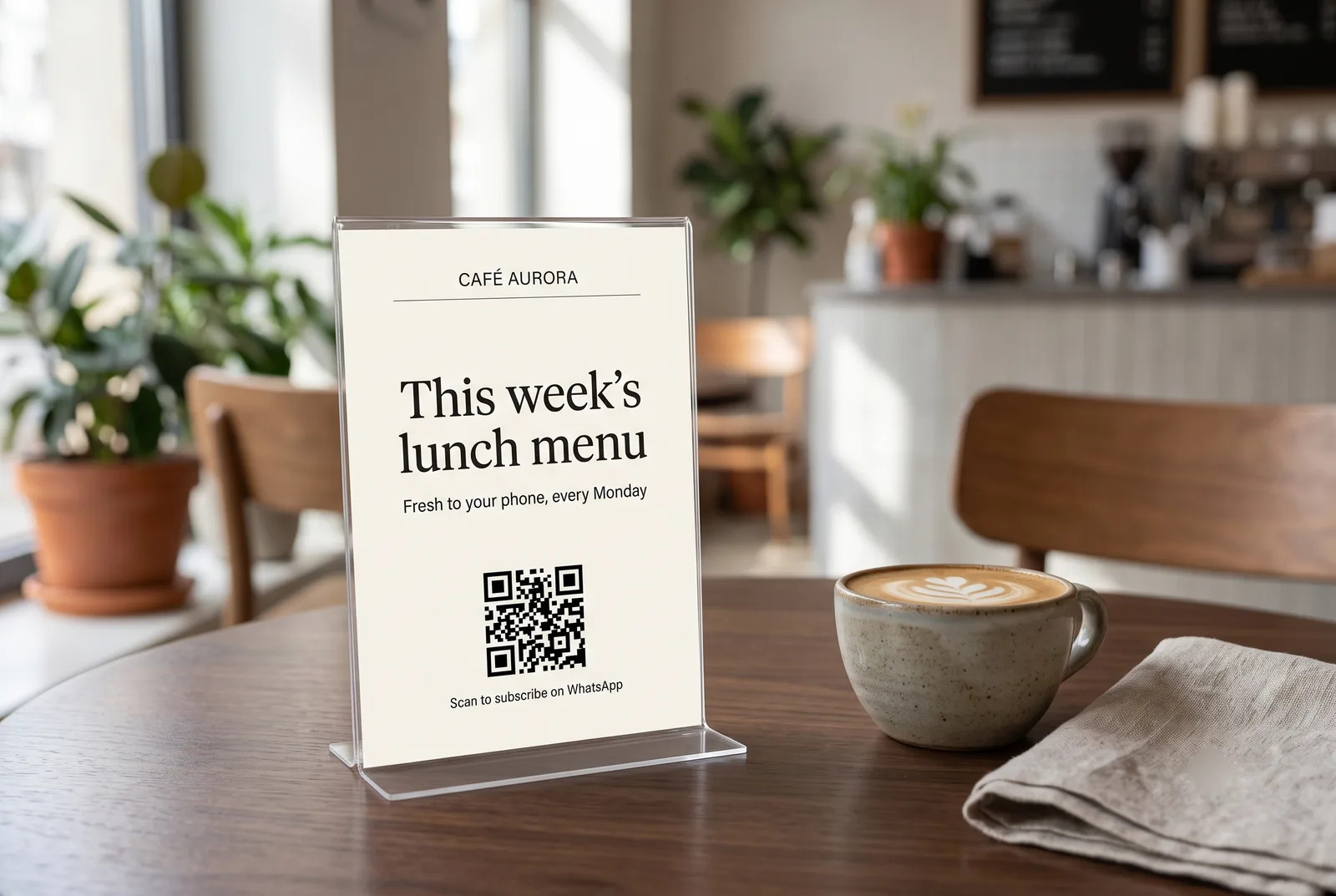 Table tent in a restaurant with a QR code for guests to subscribe to the lunch menu on WhatsApp