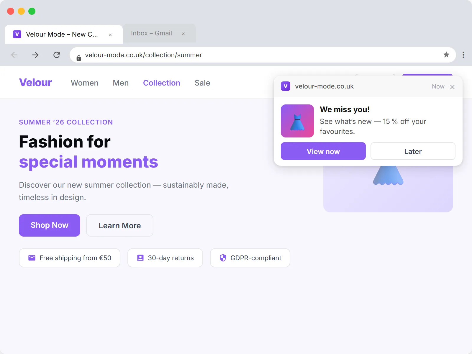 Browser push re-engagement in Chrome: a win-back notification 'We miss you' appears as a toast in the top right, with the website in the background