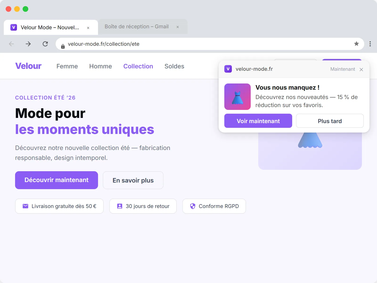 Réactivation push navigateur dans Chrome : une notification win-back Vous nous manquez apparaît en toast en haut à droite, en arrière-plan le site web correspondant