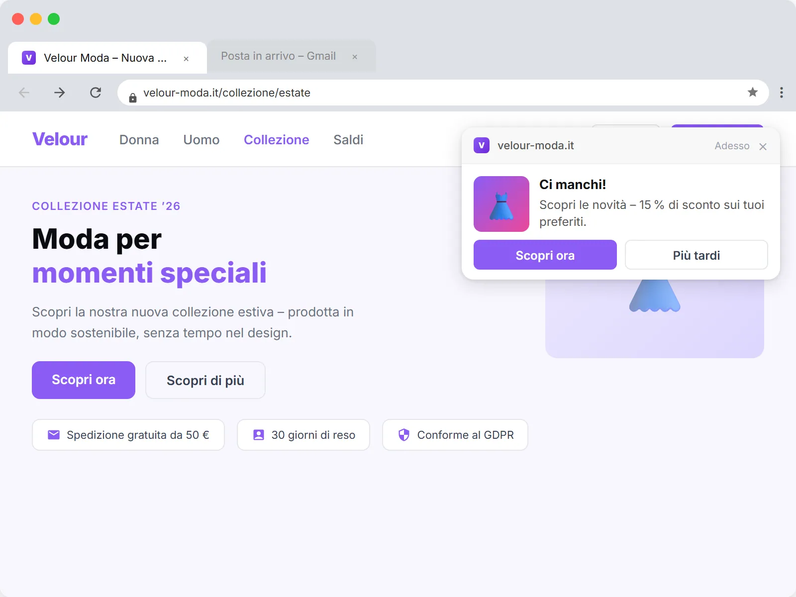 Riattivazione browser push in Chrome: una notifica win-back Ci manchi appare come toast in alto a destra, in background il sito web corrispondente
