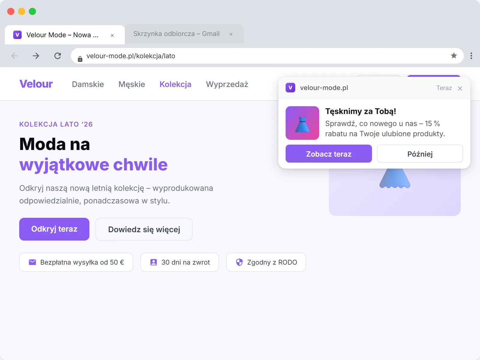 Browser-Push reaktywacja w Chrome: powiadomienie win-back Tęsknimy za Tobą pojawia się jako toast w prawym górnym rogu, w tle strona internetowa