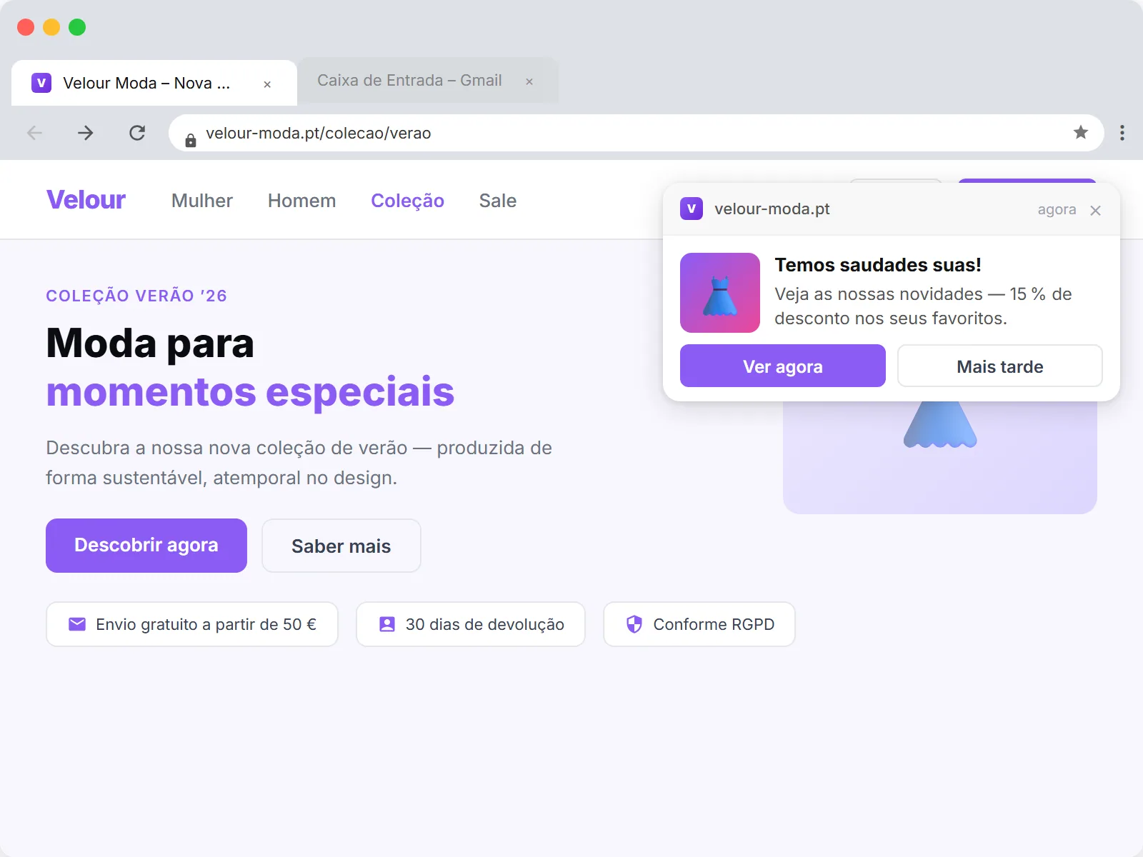 Browser Push Notification de abandono de carrinho no ecra de desktop: Ainda interesse? Os seus produtos estao a espera. Com link para o carrinho.