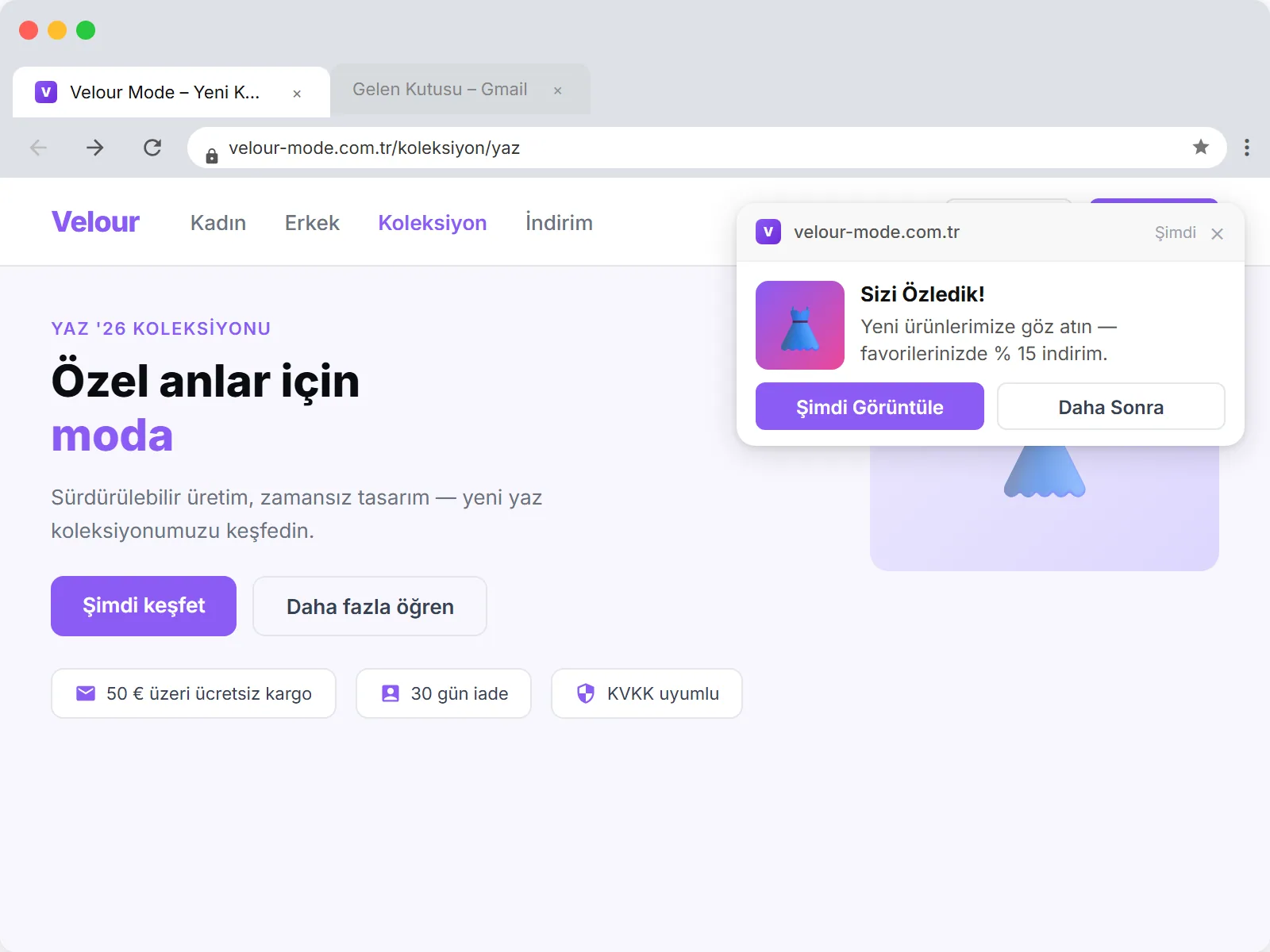 Chrome'da Browser Push Yeniden Etkinleştirme: sağ üstte 'Sizi özledik, yeniliklere bakın!' başlıklı bir win-back bildirimi toast olarak görünüyor