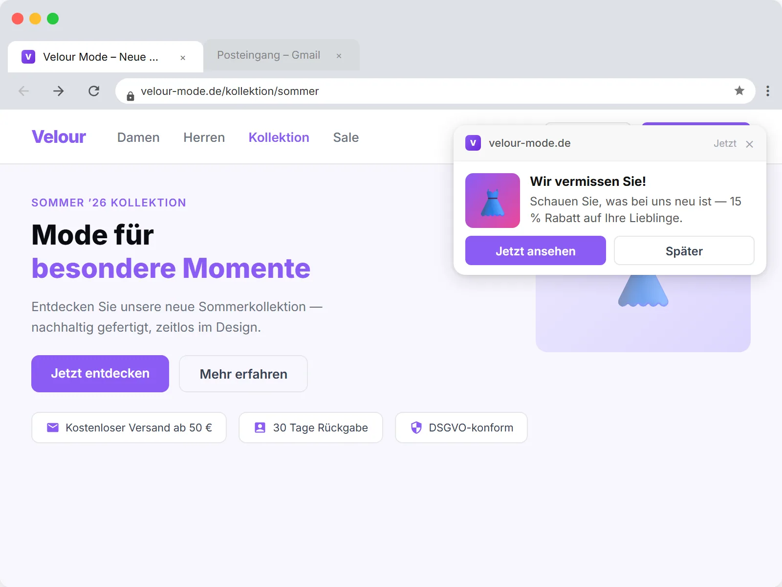 Browser-Push-Reaktivierung in Chrome: eine Win-back-Benachrichtigung Wir vermissen dich erscheint als Toast oben rechts, im Hintergrund die zugehörige Webseite