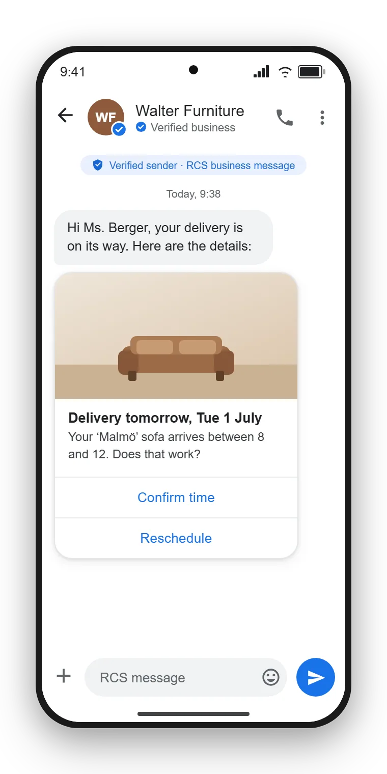 RCS Business Messaging in Google Messages: a verified sender with logo and checkmark sends a Rich Card with a product photo and reply buttons. Illustrative example, created with SendSeven