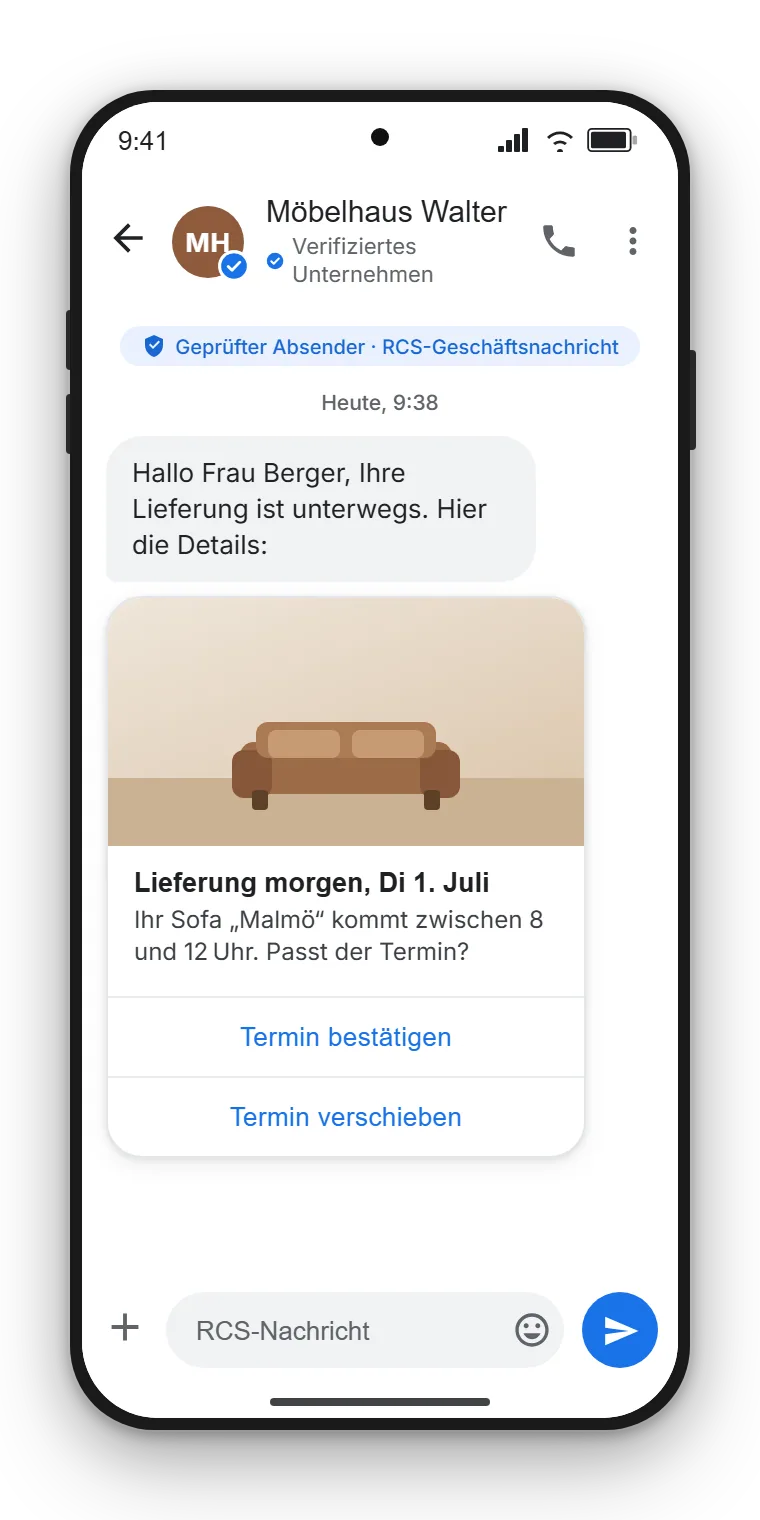 RCS Business Messaging in Google Messages: ein verifizierter Absender mit Logo und Häkchen sendet eine Rich Card mit Produktfoto und Antwort-Buttons. Beispielhafte Darstellung, erstellt mit SendSeven