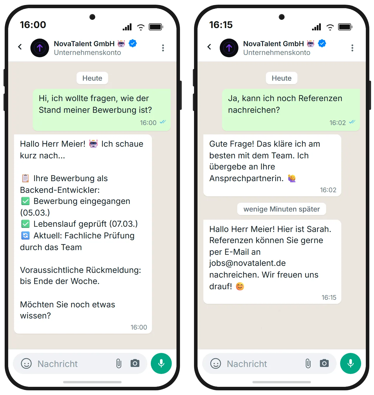 Chatbot gibt Bewerbungsstatus aus und übergibt komplexe Fragen an Recruiterin