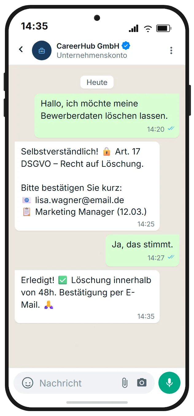WhatsApp-Dialog: Bewerberin fordert DSGVO-Datenlöschung an
