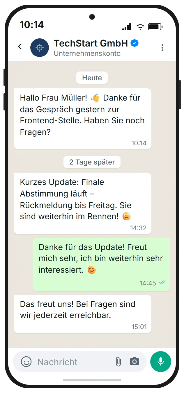 WhatsApp follow-up sequence against candidate ghosting: 3 messages over multiple days
