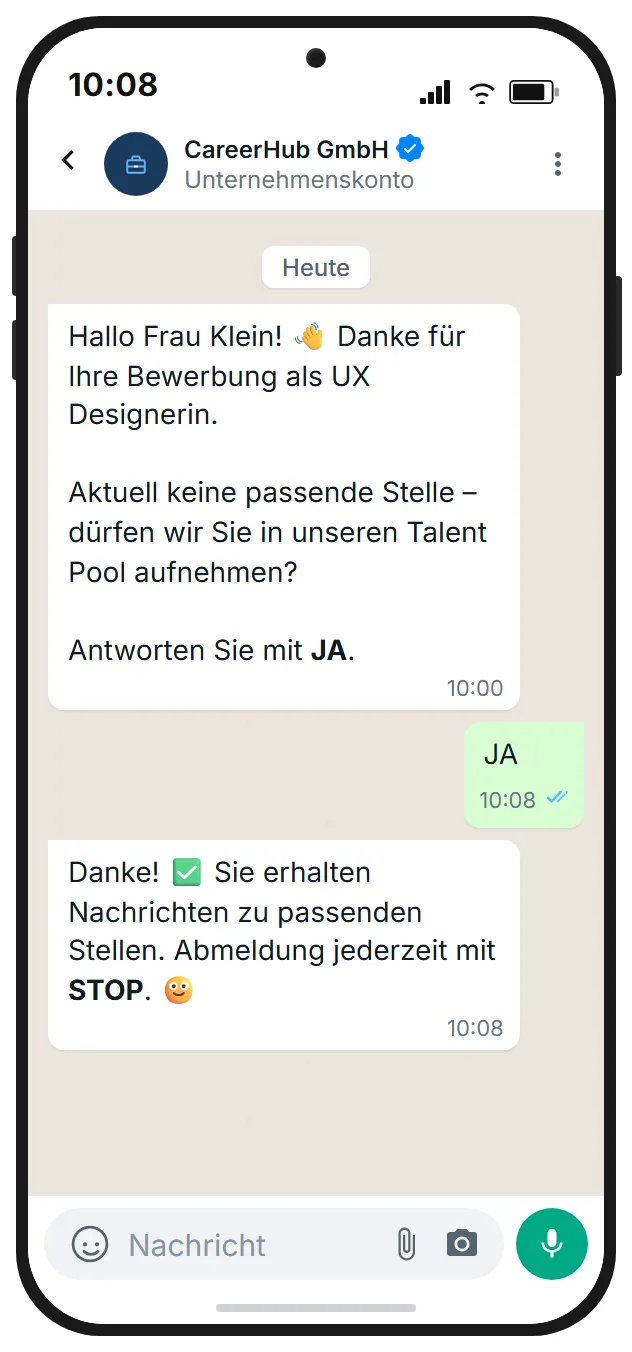 DSGVO-konformer Double-Opt-in für Talent-Pool per WhatsApp