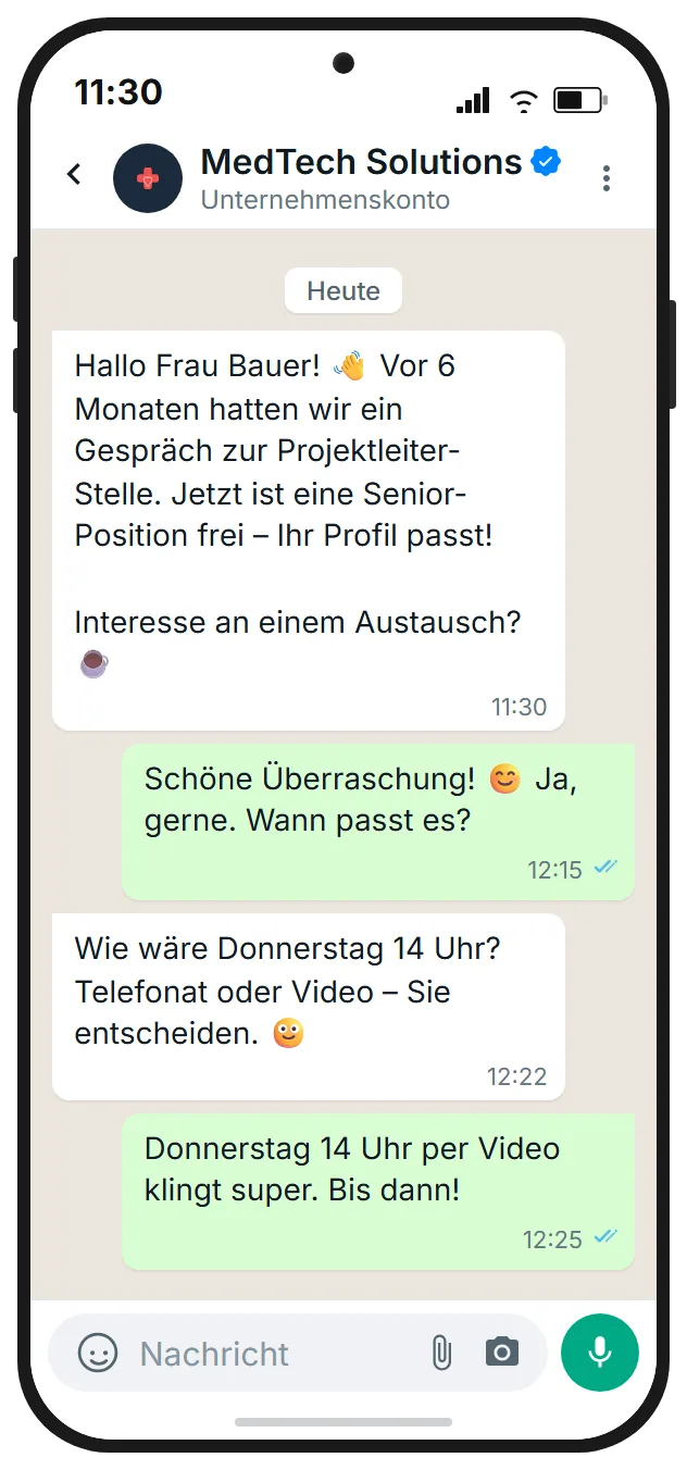 WhatsApp broadcast message for talent pool reactivation: personalised message to former candidates