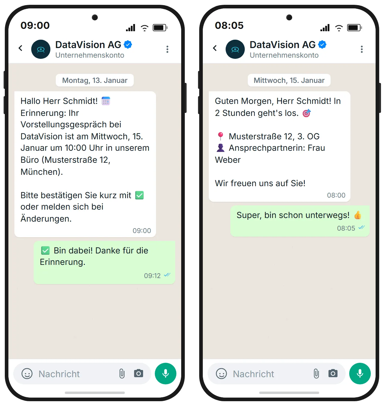 WhatsApp reminder sequence: 48h and 2h before the interview appointment