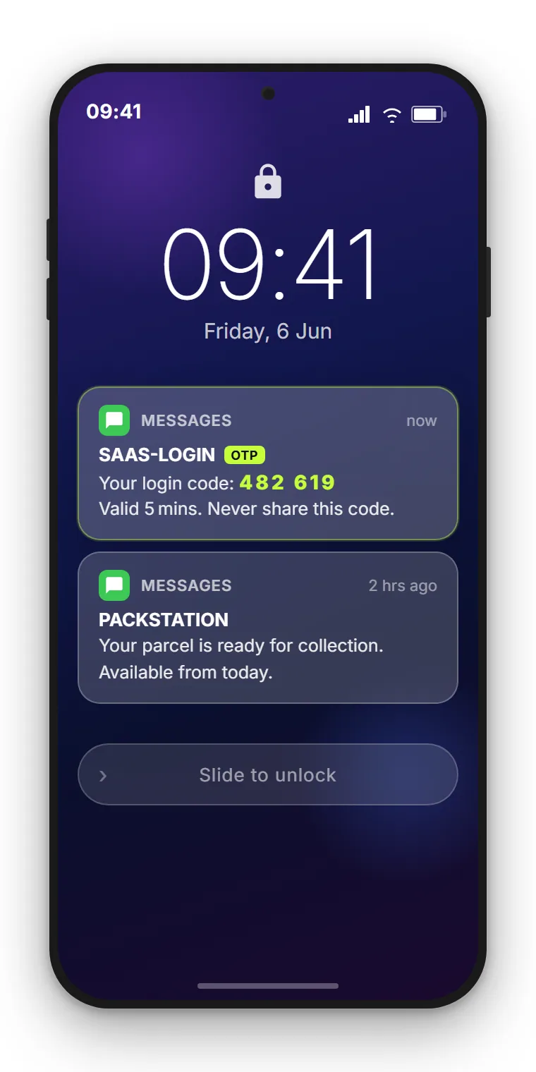 Smartphone lock screen showing an incoming SMS OTP from SendSeven: 6-digit verification code with 10-minute validity
