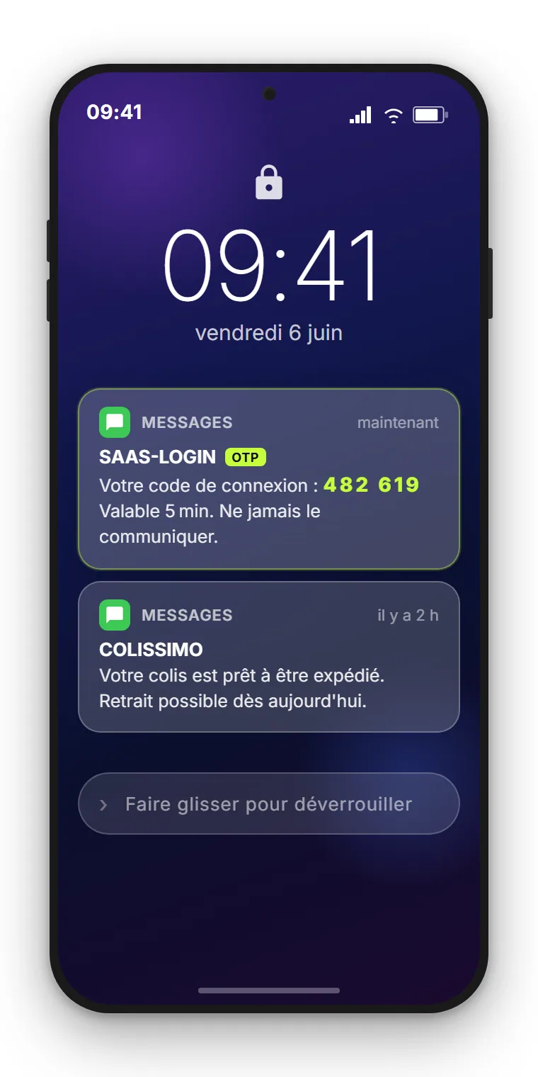 Écran de verrouillage smartphone avec SMS OTP entrant de l'expéditeur SAAS-LOGIN avec code de vérification à 6 chiffres, à côté écran de connexion SaaS avec champ de saisie du code