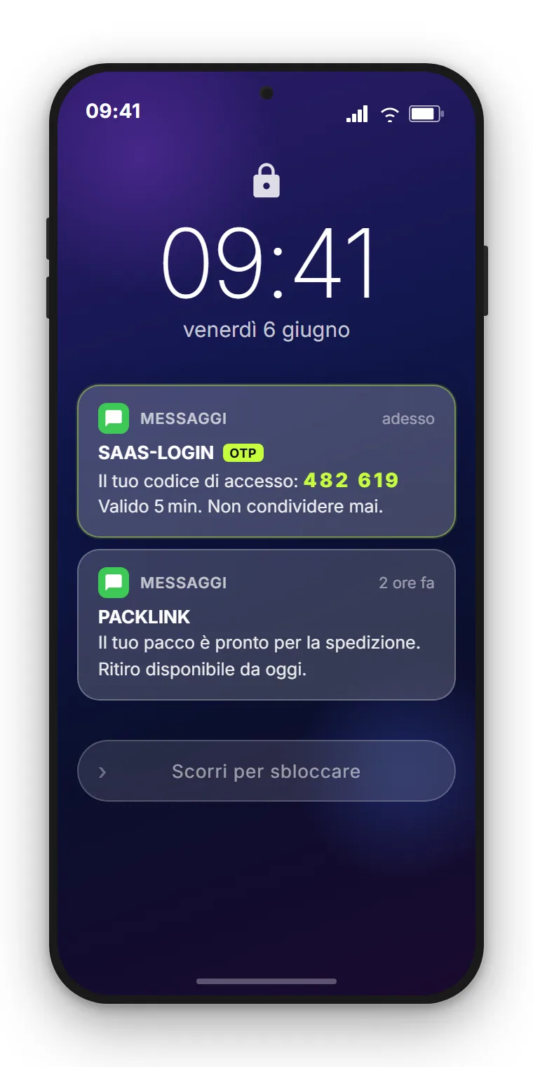 Schermata di blocco smartphone con SMS OTP in arrivo dal mittente SAAS-LOGIN e codice di verifica a 6 cifre, accanto schermata di login con campo di inserimento codice