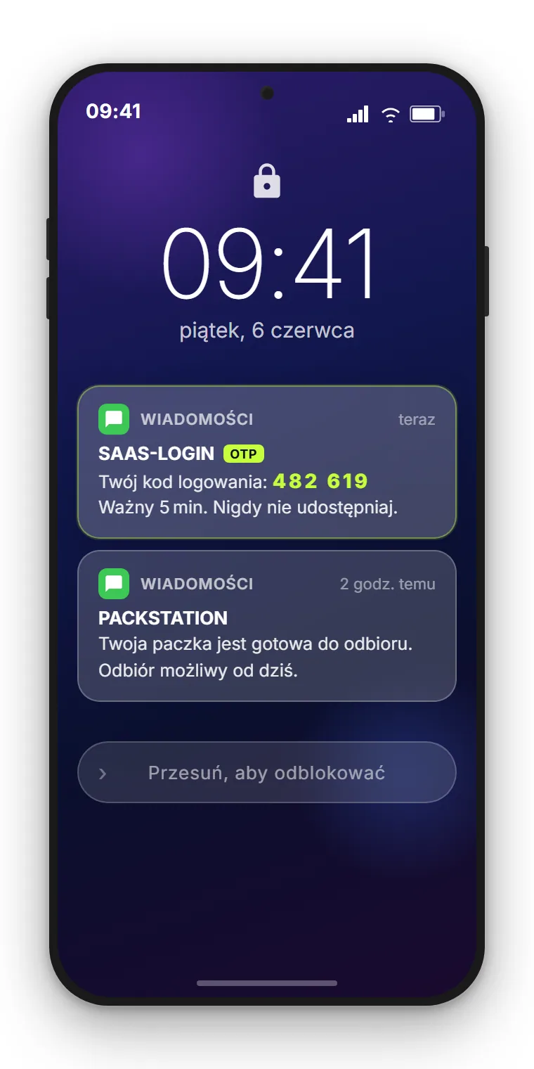 Ekran blokady smartfona z przychodzą OTP SMS od nadawcy SAAS-LOGIN z 6-cyfrowym kodem weryfikacyjnym, obok ekran logowania z polem do wpisania kodu