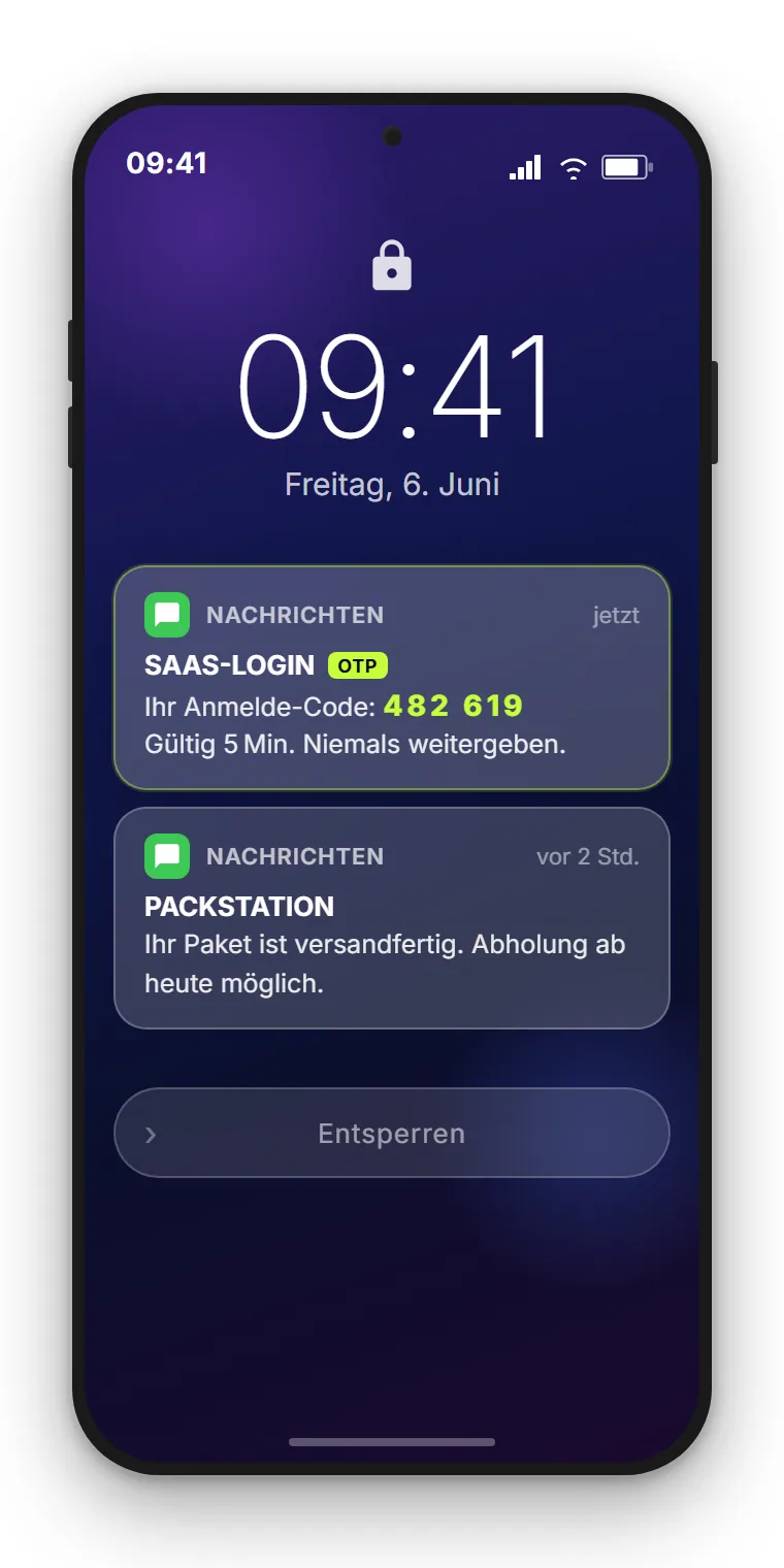 Smartphone-Lockscreen mit eingehender OTP-SMS vom Absender SAAS-LOGIN und 6-stelligem Verifizierungscode, daneben Login-Bildschirm mit Code-Eingabefeld