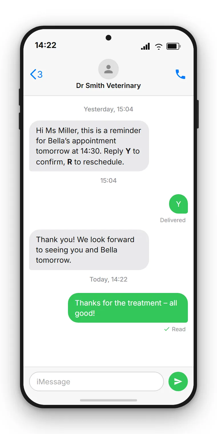 SMS thread on a smartphone: appointment reminder from Dr. Smith's practice with date, time, and a prompt to reply Y to confirm or R to reschedule